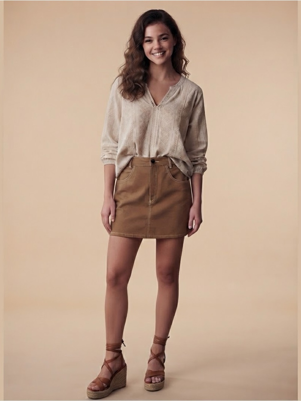 RVCA Tan Skirt with Stitch Detail